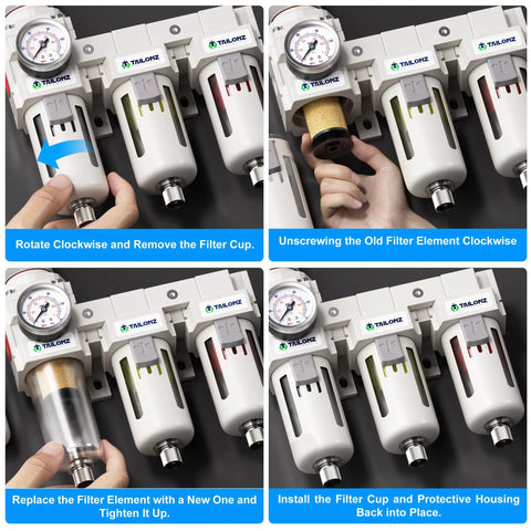 Three Stage Pneumatic Air Drying System With Three Eighths Inch NPT Port And One Eighth Inch Gauge Port filter replacement steps