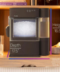 Countertop Nugget Ice Maker With 38 Lbs Daily Capacity And One Gallon Tank For Legit Chewable Pebble Ice That Hits Different In Cocktails And Smoothies Featuring Sleek Chocolate Quartz And Smart Wifi shown with dimensions on a countertop.