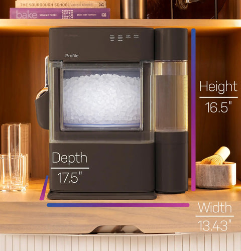 Countertop Nugget Ice Maker With 38 Lbs Daily Capacity And One Gallon Tank For Legit Chewable Pebble Ice That Hits Different In Cocktails And Smoothies Featuring Sleek Chocolate Quartz And Smart Wifi shown with dimensions on a countertop.