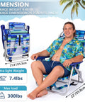 Rock Solid Backpack Beach Chair for adults, folding, stripes blue and green, man seated, dimensions and weight shown