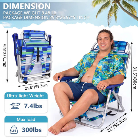 Rock Solid Backpack Beach Chair for adults, folding, stripes blue and green, man seated, dimensions and weight shown