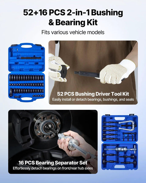 52+16-piece two-in-one bushing and bearing driver kit with blue case; includes 16-piece bearing separator set for auto repair