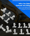 14-piece tee fittings hydraulic test kit; chrome-plated steel fittings scattered on ground with an excavator in background