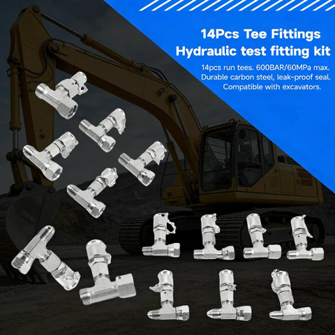 14-piece tee fittings hydraulic test kit; chrome-plated steel fittings scattered on ground with an excavator in background