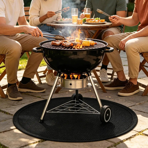 Rugged Waterproof Silicone Fire Mat 36x36 Inch beneath grill with people around, protecting patio during BBQ