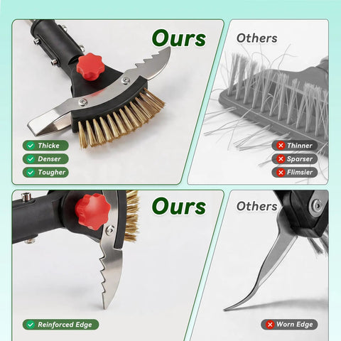 Comparison of 3 In 1 Heavy Duty Crack Weeder Tool With 59 Inch Adjustable Handle, showing reinforced stainless steel blades and brushes.