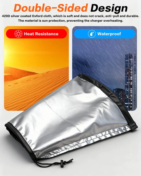 Universal EV Charger Cover No Sweat Waterproof Rain And Snow Protection Rock Solid Magnetic Grip Double Sided Shield For All Electric Vehicles showing heat resistant and waterproof design with silver Oxford cloth.