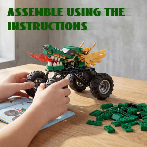 Monster Dragon Truck Building Kit For Kids Green, Kid-Approved DIY Construction Toy Set For Boys And Girls, Imagination-Driven Play, Hands-On STEM Construction, Durable Buildable Truck With Endless Creative Options. assembled green dragon truck with wheels