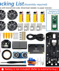 Front view: Freenove Mecanum wheel kit with four wheels, Pico W included, driver boards, LED dot matrix.