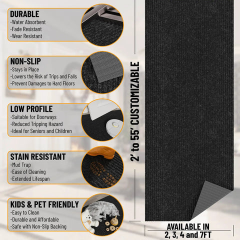 Hallway Runner Rug 2 Foot By 6 Foot Durable Non Slip Mat With Scraper Pile For Indoor And Outdoor Use Black, features chart