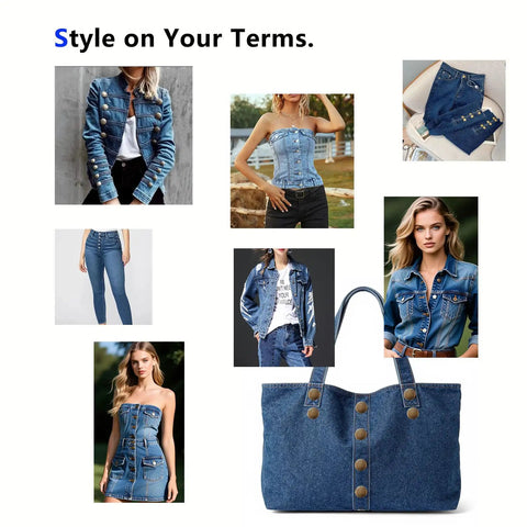 Collage of denim outfits featuring a bag with No Sew 17 Mm Metal Jeans Button Replacement Kit 12 Pack With Flat Back Clip On Design.
