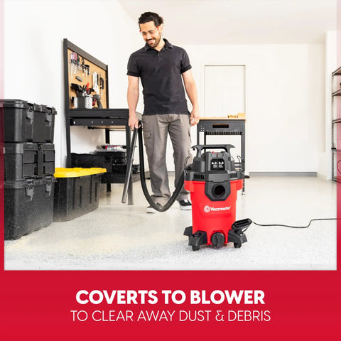 Compact 4 Gallon Wet Dry Shop Vac With 3.5 Peak Hp Motor and Kickin Suction for Garage Cleanups in use, converting to blower.