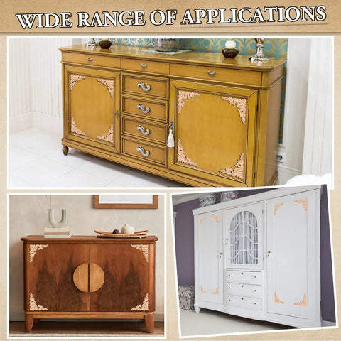 Wide range of applications with Twenty Piece Wood Applique Corner Onlay Set For DIY Furniture Decor on cabinets.