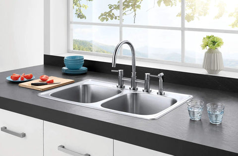 33 Inch Self-Rimming Double Bowl Kitchen Sink In Brushed 304 Grade Stainless Steel, 22 Gauge, Left And Right Bowls 14-1/2 X 16-1/4