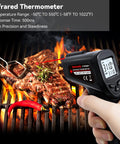 Non-Contact Infrared Thermometer Gun With Backlit Display, Instant Read From -50C To 550C, 12 To 1 Distance Spot Ratio, Adjustable Emissivity, Go-To Handheld Laser IR Thermometer For Home, Kitchen, Automotive, Black measuring steak on grill