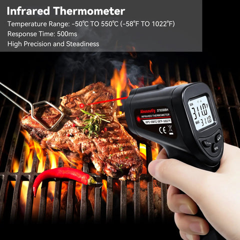Non-Contact Infrared Thermometer Gun With Backlit Display, Instant Read From -50C To 550C, 12 To 1 Distance Spot Ratio, Adjustable Emissivity, Go-To Handheld Laser IR Thermometer For Home, Kitchen, Automotive, Black measuring steak on grill