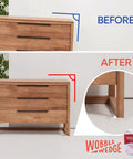 Wobble Wedges 300 Pack Flexible Plastic Shims for Leveling Furniture and Fixtures, before and after leveling a wooden dresser.