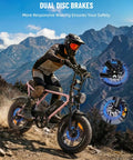 Adult Electric Bike With 1000W Brushless Motor 20Mph Peak pulls 16Inch slick wheels, dual disc brakes in action on rugged terrain.