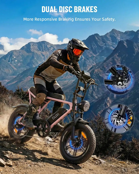 Adult Electric Bike With 1000W Brushless Motor 20Mph Peak pulls 16Inch slick wheels, dual disc brakes in action on rugged terrain.
