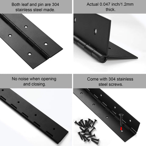 Heavy Duty 36 Inch Piano Hinges 0.047 Inch Thick Stainless Steel Black 2 Pack Continuous Hinge with screws and close-up views.