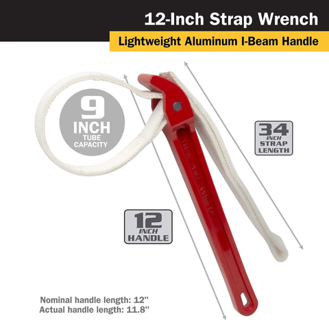12 Inch Strap Wrench With 34 Inch Strap Length And 1.05 Inch Width Tough As Nails Build for pipes, 12-inch aluminum handle