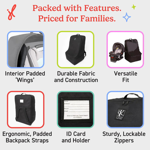 Top Notch Padded Car Seat Backpack Travel Bag with features including interior wings, durable fabric, versatile fit, ergonomic straps.
