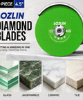 Heavy Duty 4.5 Inch Diamond Blades, 3 Pack Angle Grinder Discs on display with glass, jade marble, ceramic and tile.