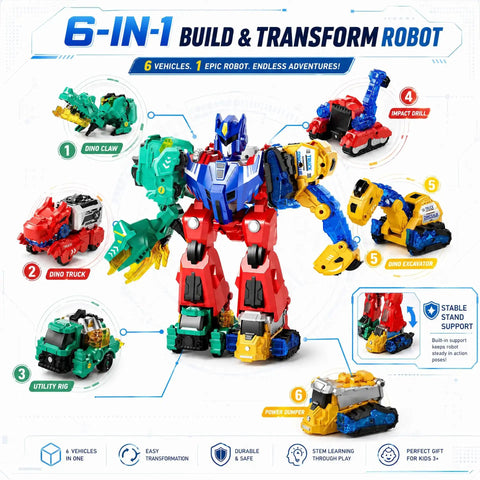Six In One Magnetic Dinosaur Robot Toys For Kids Ages Three To Eight Transforming Dino Construction Trucks with T Rex