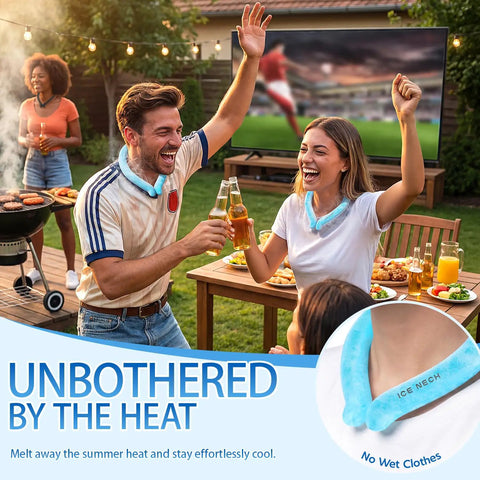 People at a barbecue wearing All Day Ice Neck Wrap For Summer Heat Relief, Wearable Cooling Tube With Quick Freeze Gel.