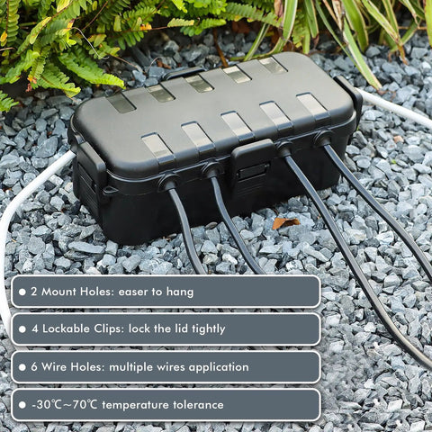 Hella Rugged Outdoor Electrical Box Waterproof Rain Guard Boss Grade Extension Cord Cover with rubber sealed ports on gravel.