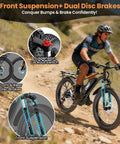 Man riding Fat Tire Electric Beast Bike with 1500W Peak Motor 48V 15Ah Battery on mountain trail showing suspension and disc brakes.