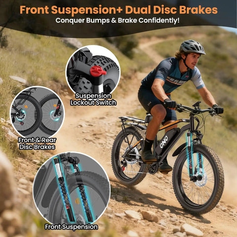 Man riding Fat Tire Electric Beast Bike with 1500W Peak Motor 48V 15Ah Battery on mountain trail showing suspension and disc brakes.