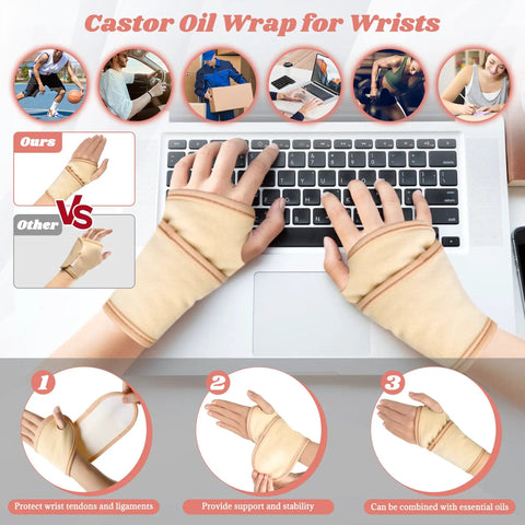 12 Piece Castor Oil Pack Kit With Reusable Organic Cotton Wraps For All Over Body Relief From Shoulders To Toes Adjustable Compress Pads For Neck Back Waist Chest Knees And More showing wrist wraps used while typing on laptop