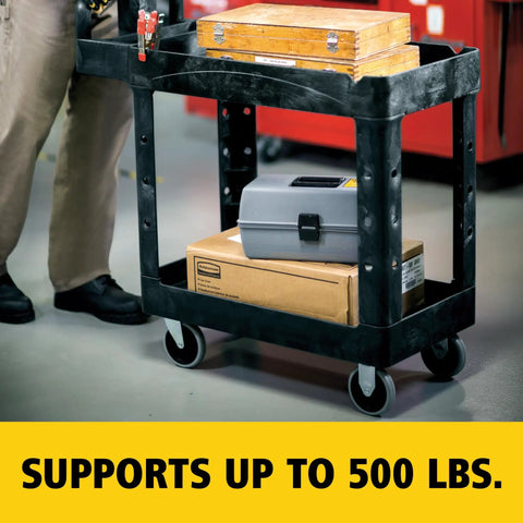 Two Shelf Rolling Utility Cart With Lipped Shelves And Ergonomic Handle, A Real Workhorse, Heavy Duty, High Density Foam Construction, 500 Lb Capacity, Ideal For Warehouse, Garage, Cleaning And Manufacturing