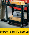 Top Tier Heavy Duty Two Shelf Utility Cart With Durable Structural Foam Lipped Trays And Smooth Glide Handles 500 Lb Capacity holding tools on its shelves.
