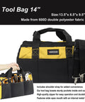 Front view of VASTOOLS 14-inch yellow and black tool bag with handles and a shoulder strap.