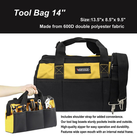 Front view of VASTOOLS 14-inch yellow and black tool bag with handles and a shoulder strap.
