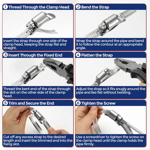 Heavy Duty Stainless Steel Hose Clamp Strap With Six Quick Grip Fasteners For Zero Hassle Adjustments And Rock Tight Pipe Seals That Make Every DIY Job A No Sweat Experience installation steps.