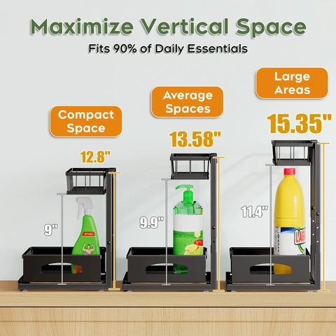 No Sweat Heavy Duty Under Sink Organizer Two Pack L Shaped Metal Pull Out Drawers For Kitchen Cabinets Built To Fit Pipes And Garbage Disposal Kill The Clutter For A Totally Rad Storage Setup, showcasing size options.
