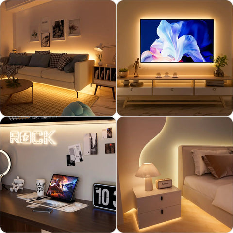 Dotless USB Powered LED Strip Lights 5V Dimmable 3000K used as backlight for TV and ambient lighting in living room, bedroom, office