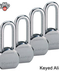 Beefy High Security Pro Series Padlocks Four Pack Keyed Alike With Eight Keys Featuring BumpStop Technology for heavy duty use.