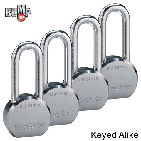 Beefy High Security Pro Series Padlocks Four Pack Keyed Alike With Eight Keys Featuring BumpStop Technology for heavy duty use.