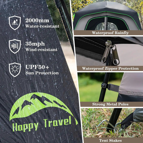 Roomy Six Person Camping Tent With Heavy Duty Blackout Layer Blocks Bright Morning Sun And Keeps Things Cool For Your Crew Includes Full Rainfly For Smooth Weekend Getaways features waterproof rainfly, zipper protection, and strong metal poles.
