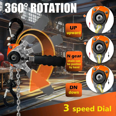 Mini Lever Chain Hoist With 550 Lbs Capacity And 5 Ft Lift Compact Come Along Winch featuring 360-degree rotation and 3-speed dial settings.