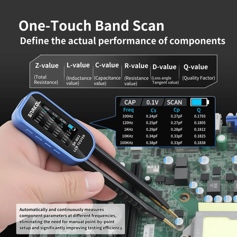 LCR Meter With Digital Multimeter Tweezers And Signal Generator, 100kHz SMD ESR Capacitor Tester in use on PCB