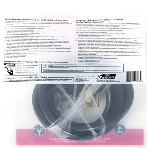 Packaging of Heavy Duty 30 Amp Dryer Power Cord With Four Prong Plug, 10 Foot Copper Wire, Four Color Coded Eyelet Connectors