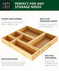 Premium Five Piece Bamboo Drawer Organizer Set Featuring Versatile Storage Trays For Kitchen Bedroom And Office Transform Junk Drawers Instantly with sturdy bamboo construction.