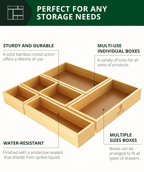 Premium Five Piece Bamboo Drawer Organizer Set Featuring Versatile Storage Trays For Kitchen Bedroom And Office Transform Junk Drawers Instantly with sturdy bamboo construction.