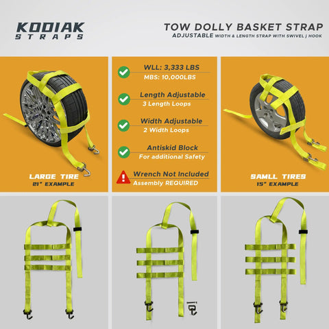 Heavy Duty Adjustable Wheel Net Tow Straps With Swivel J Hooks 2-Pack For Dollies And 14 To 22 Inch Tires Universal Fit, 21-inch example