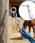Two Pack Magnetic Horse Tie Ring Set With Stainless Steel Rings, Eye Bolt, And Quick Snap in use on wooden post